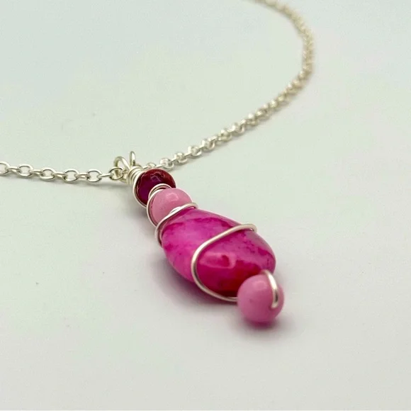 Wire-Wrapped Pink Gemstone Teardrop Pendant Necklace - Picture 4 of 6